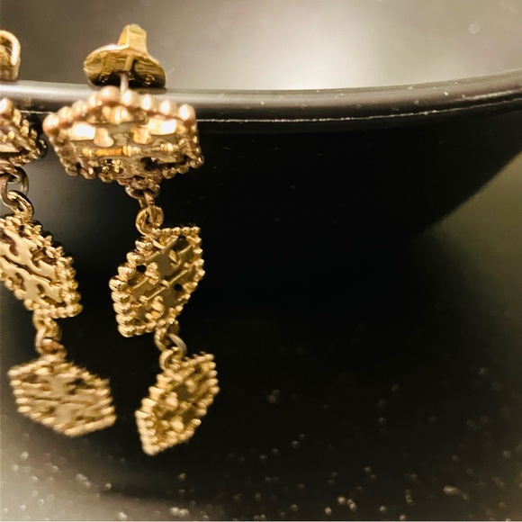 Tory Burch- Hex Logo 3 Tier Drop Stud Earrings in Gold. EUC. - Picture 3 of 5